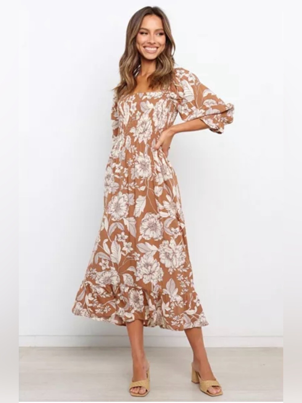 Petal & Pup Rust Brown and White Floral Maxi Dress